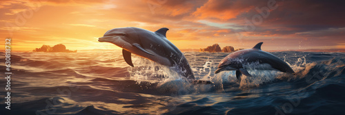 Print op canvas Dolphins jumping out of the water poster with copy space