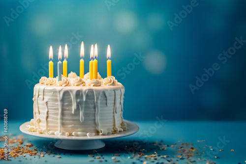 Torta di compleanno con candeline gialle su sfondo blu