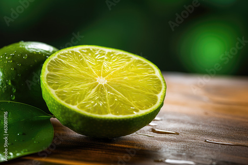 Juicy Lime Slice on Wooden Table - A Refreshing Tropical Ingredient.