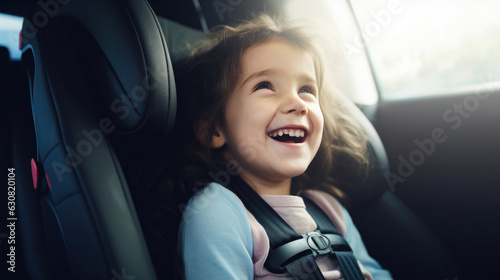 Happy girl in a child car seat wearing a seatbelt while traveling by car. © Sasint