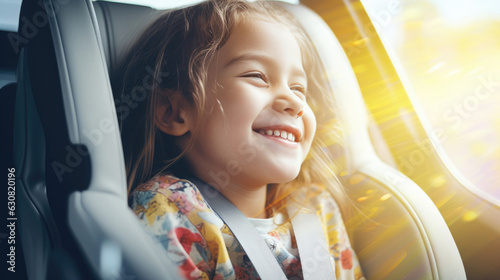 Happy girl in a child car seat wearing a seatbelt while traveling by car.