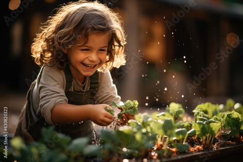 Adorable little boy planting seeds in the ground at the greenhouse, spring. Excited kid take care of a planet plant seeds in a garden or a farm in a sunny day. Agricultural and safe planet concept. photo