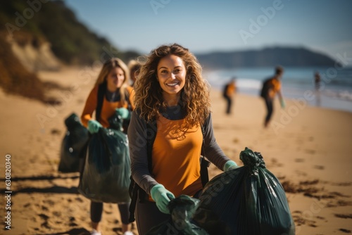 Inspiring image of a group of joyful people coming together to fight for saving the planet and ecology. With determined smiles, they gather garbage near the ocean, embracing the call to protect world 