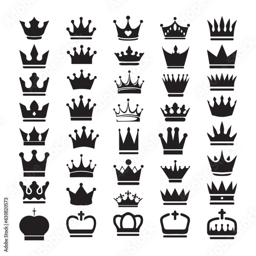 Crown black silhouette icon set. Big collection on white background. Vector illustration.