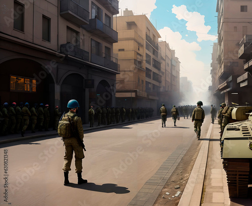  Military operation. Military army aggression conflict concept. War Concept. Proxy war. Modern army. Battle in ruined city.