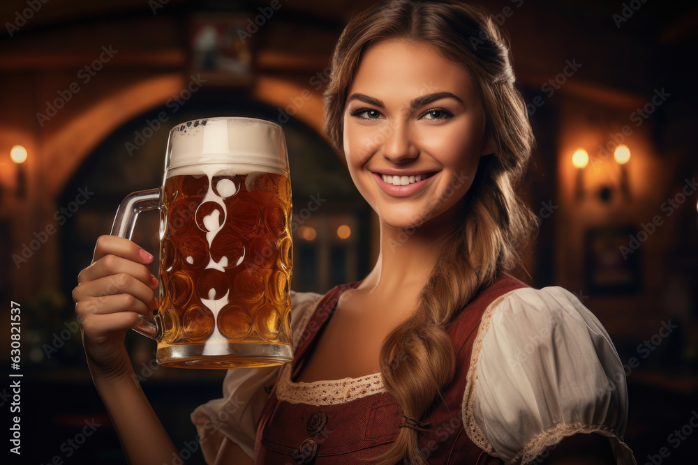 Naklejka premium Young Oktoberfest waitress, wearing a traditional Bavarian dress, toasting with a big beer mug