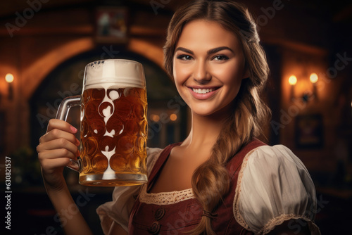 Young Oktoberfest waitress, wearing a traditional Bavarian dress, toasting with a big beer mug