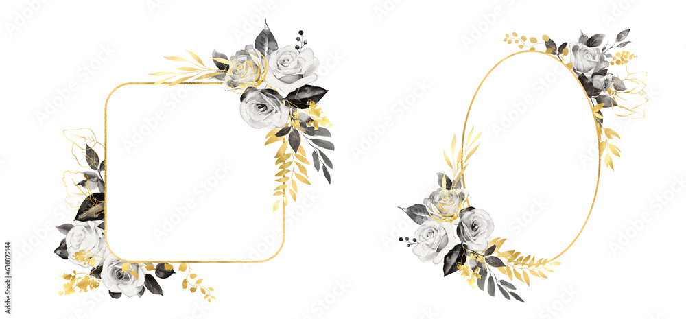 Obraz premium Wedding invitation card set with black and white roses flowers and gold metal effect. rose black and gold watercolor background floral frame with white space, 