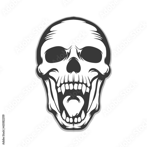 Human skull open big mouth and teeth also two big teeth vectro design