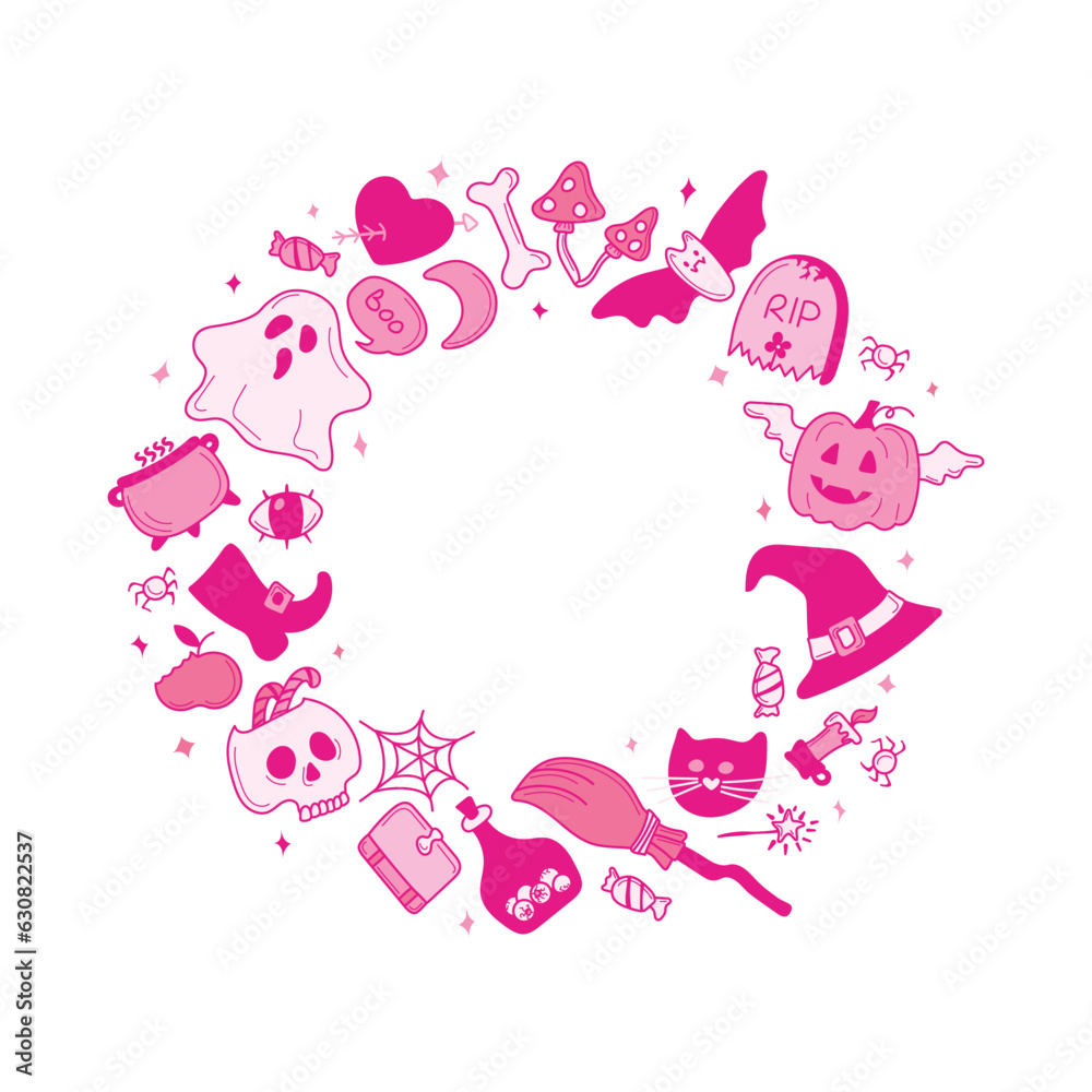 Round pink frame from bright cool elements for Halloween. Pumpkin, Skull, Ghost, Gravestone, Spider, Candy, Broom, Hat, Eye, Potion, Bone, and more. Happy holiday. Round pink frame from bright cool elements for Halloween. Pumpkin, Skull, Ghost, Gravestone, Spider, Candy, Broom, Hat, Eye, Potion, Bone, and more. Happy holiday.