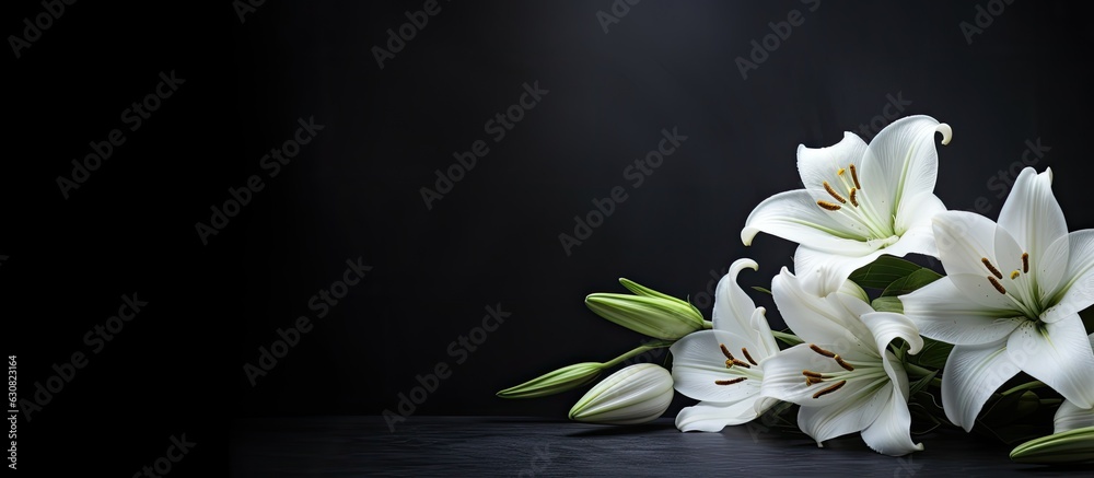 A banner with a dark background and white lily flowers. mourning is depicted through the imagery. Remembering and mourning are emphasized. The photo has a close-up, side view with selective focus