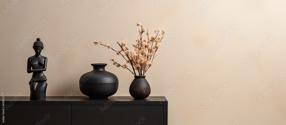 The minimalistic interior design has a stylish composition with a black commode, a vase containing dried flowers, a sculpture, and personal accessories. The beige wall serves as a backdrop for this The minimalistic interior design has a stylish composition with a black commode, a vase containing dried flowers, a sculpture, and personal accessories. The beige wall serves as a backdrop for this