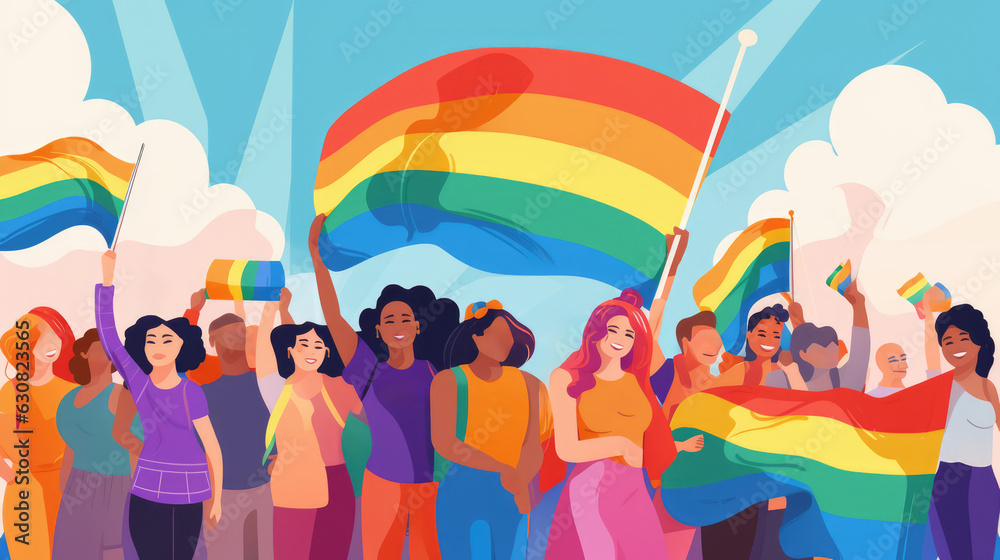 Gay pride parade, people having fun at equality march or LGBT gay parade, illustration community with diverse people