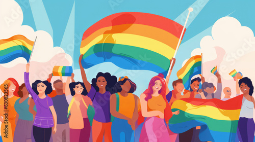 Gay pride parade, people having fun at equality march or LGBT gay parade, illustration community with diverse people