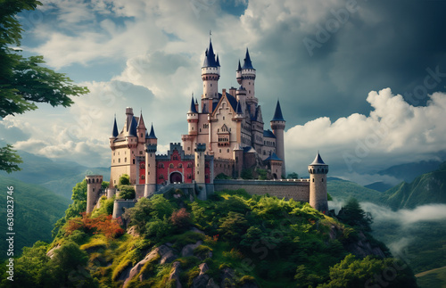 Fairy tale castle in the mountains created with Generative AI technology