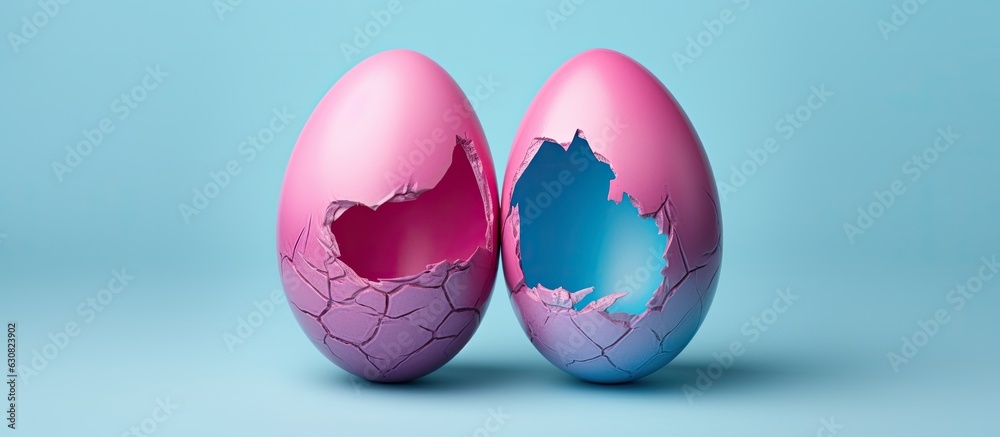 Easter egg that is pink and blue in color and is open and cracked in half. also includes empty space for text or product placement. Easter egg that is pink and blue in color and is open and cracked in half. also includes empty space for text or product placement.