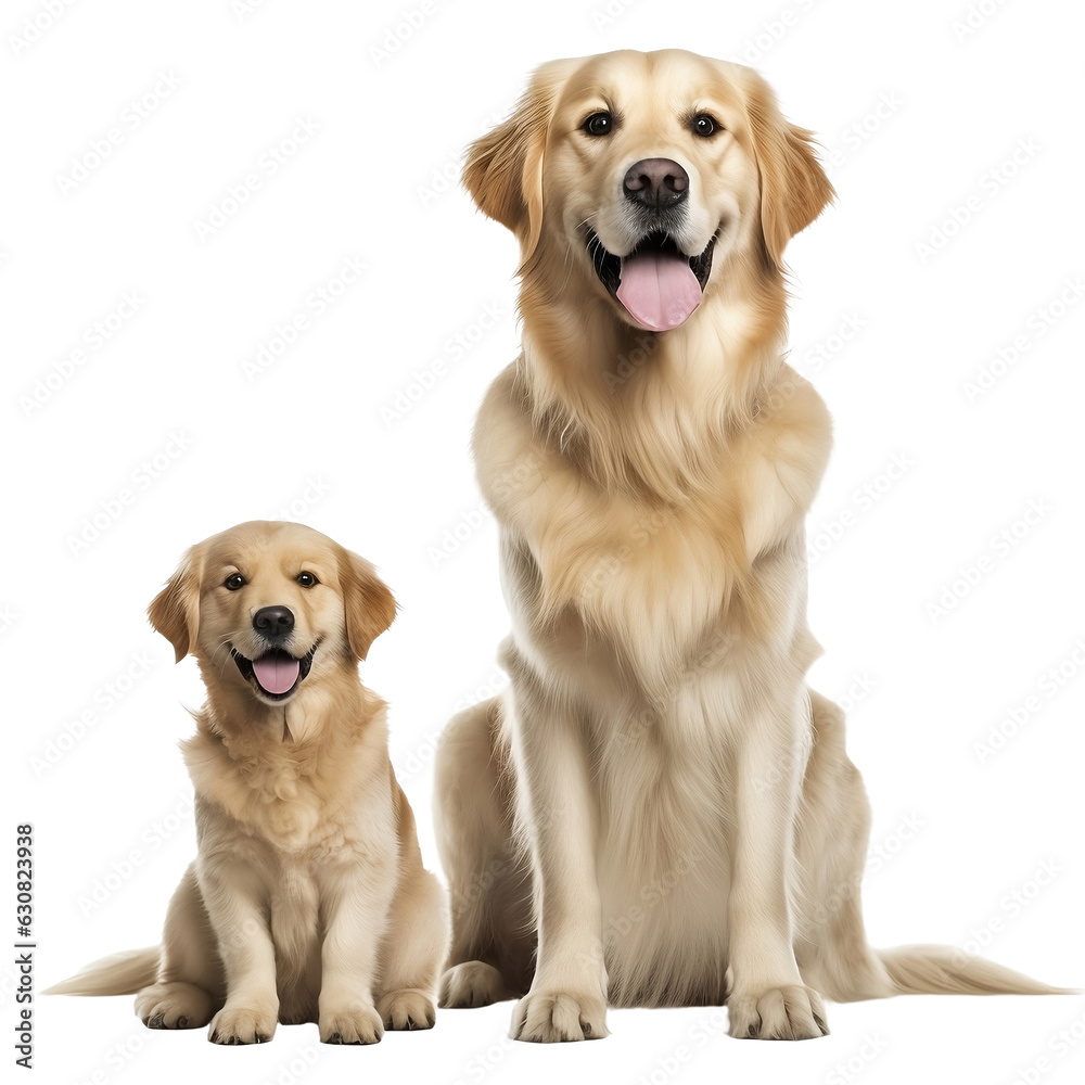 happy golden retriever puppy and adult dog isolated on transparent background