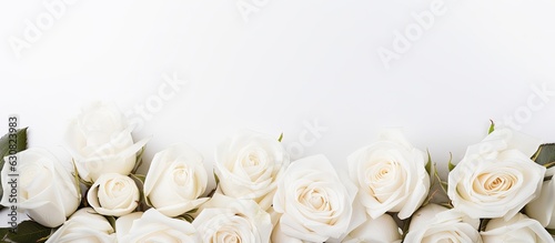 Obraz na płótnie A banner for a website header design featuring a wedding bouquet of white roses on a white background with a soft focus. copy space available. w salonie