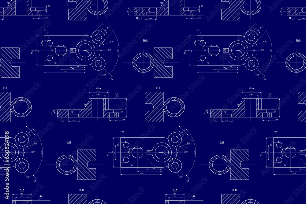 Engineering drawing.  Modern mechanics blueprints. Vector technology background.