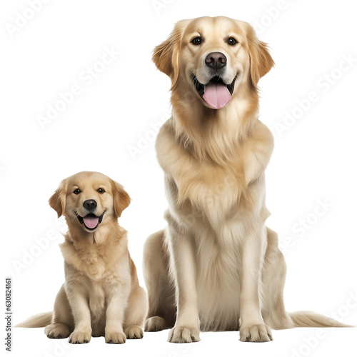 golden retriever puppy and adult dog isolated on white background
