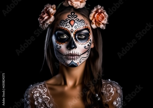 Woman with face painted in Calavera Сatrina style to celebrate the Day of the Dead, the Latin Halloween. Santa Muerte.
