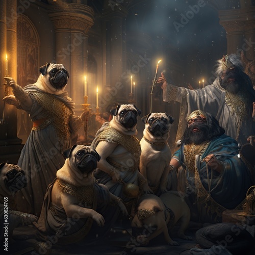 Many dogs, pugs, group on raven renaissance.AI generated image photo