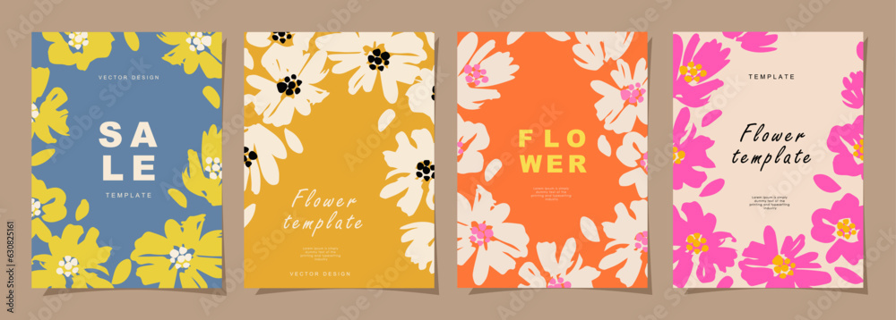 Floral template set for poster, card, cover, label, banner in modern minimalist style and simple summer design templates with flowers and plants.