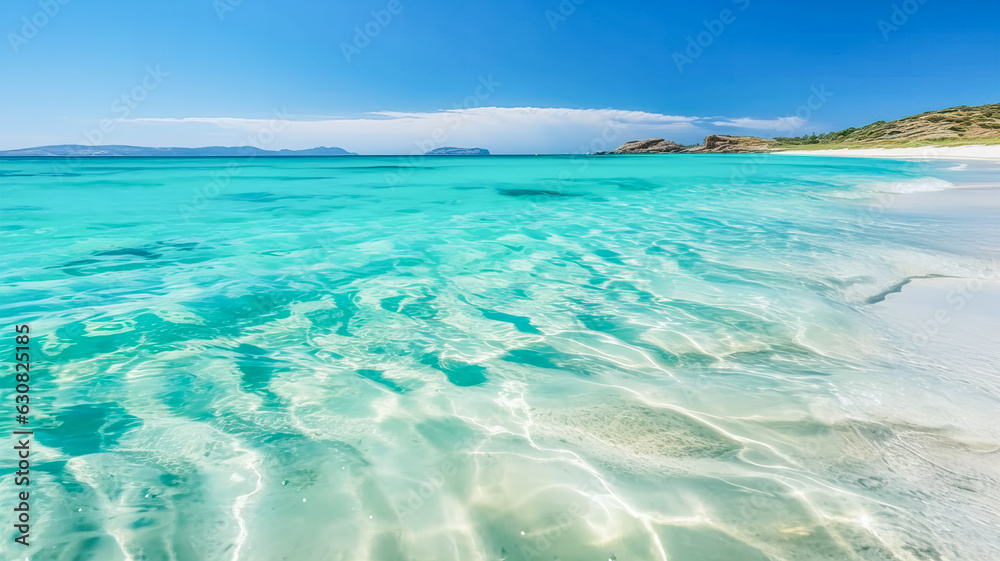 A beach with clear sea water and white sand. Generative AI technology.