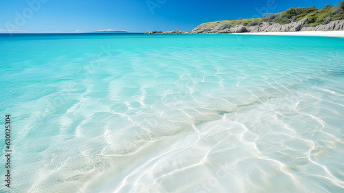 A beach with clear sea water and white sand. Generative AI technology.