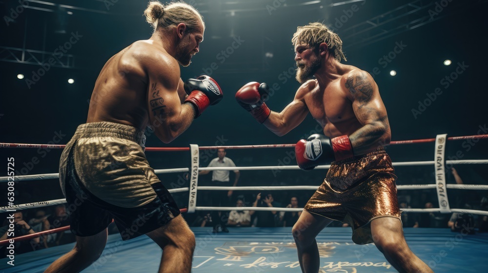 Two European men are fighting Muay Thai on the ring, Generative AI