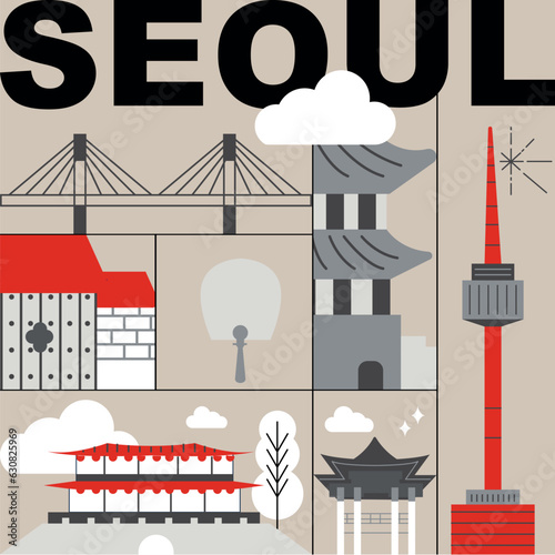 Typography word "Seoul" branding technology concept. Collection of flat vector web icons. Seoul culture travel set, famous architectures and specialties detailed silhouette. Korean famous landmark.