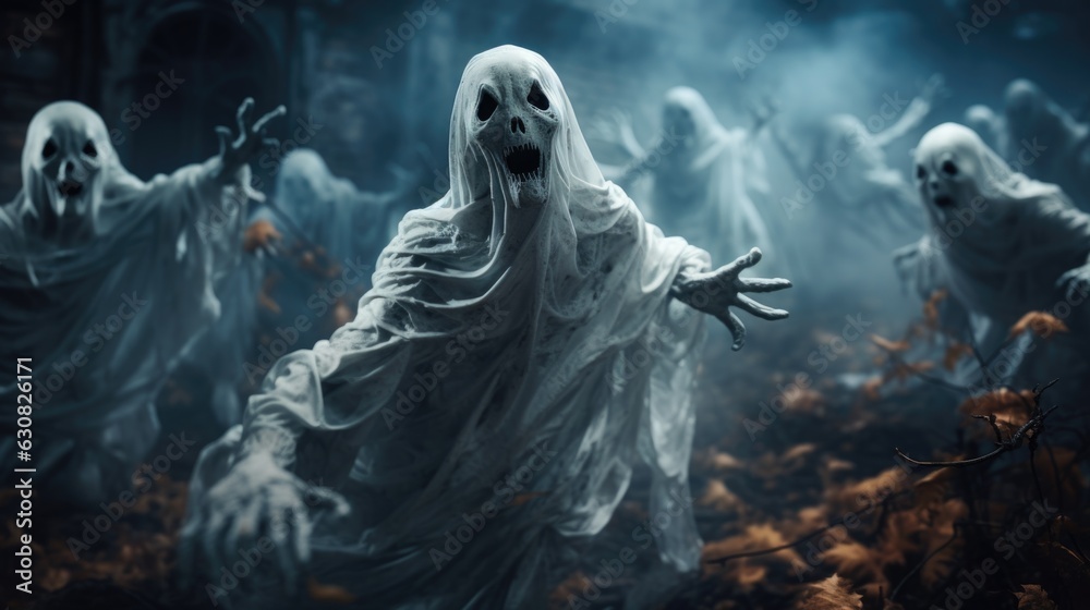 Ghost and Halloween decorations with light and bokeh background. Halloween theme Ghost and Halloween decorations with light and bokeh background. Halloween theme