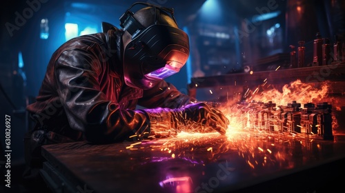 welder welding metal in the factory wearing protective gears fire sparks coming out