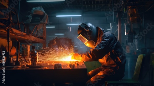 man welding metal in the factory wearing protective gears fire sparks coming out