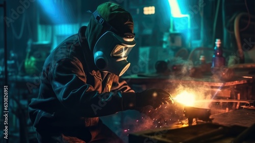 man welding inside a industry wearing a gas mask