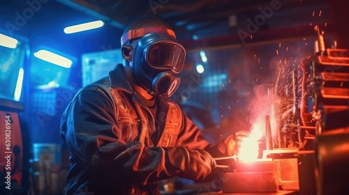 man wearing a gas mask welding in a heavy duty industry