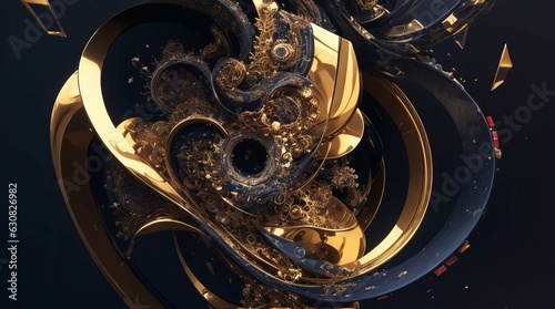 3D rendered abstract sculpture in gold and black