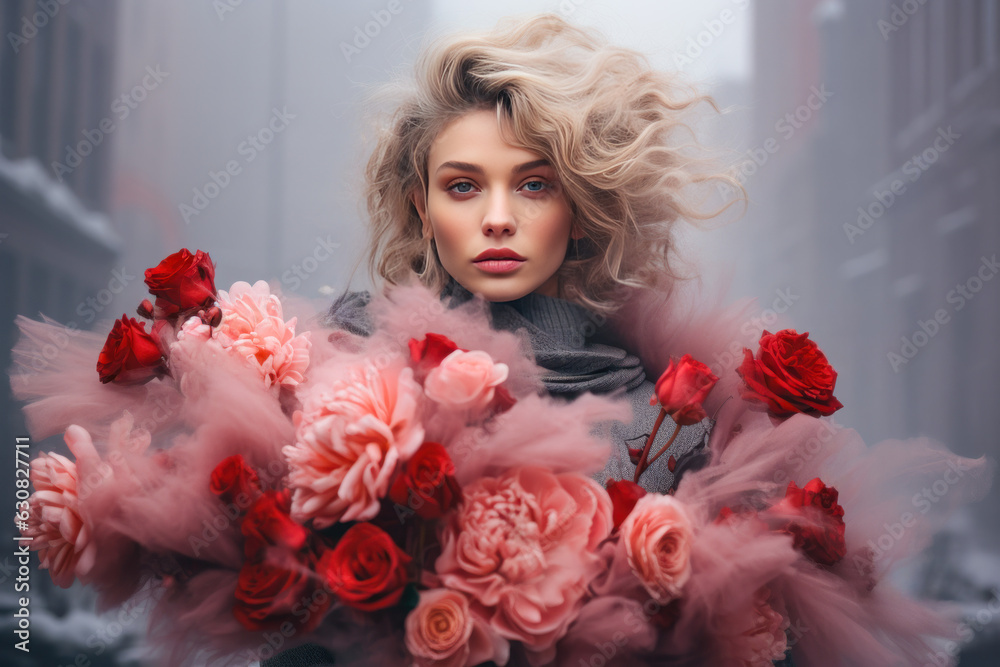 eine blonde Frau trägt einen Blumenstrauß aus roten Rosen , blonde woman carries bouquet of red roses - obrazy, fototapety, plakaty 