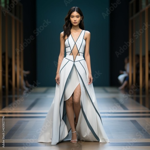 An Asian model on a catwalk wearing simple geometric clothes 