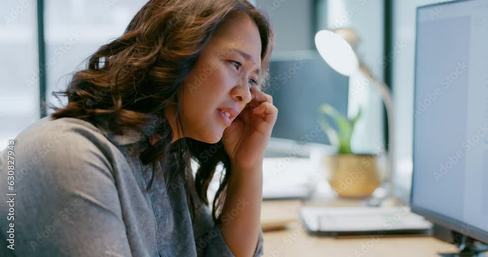 Business woman, headache or stress at computer screen while frustrated with work and fatigue. Entrepreneur person with depression, burnout or pain at office desk tired of anxiety and mental health Business woman, headache or stress at computer screen while frustrated with work and fatigue. Entrepreneur person with depression, burnout or pain at office desk tired of anxiety and mental health