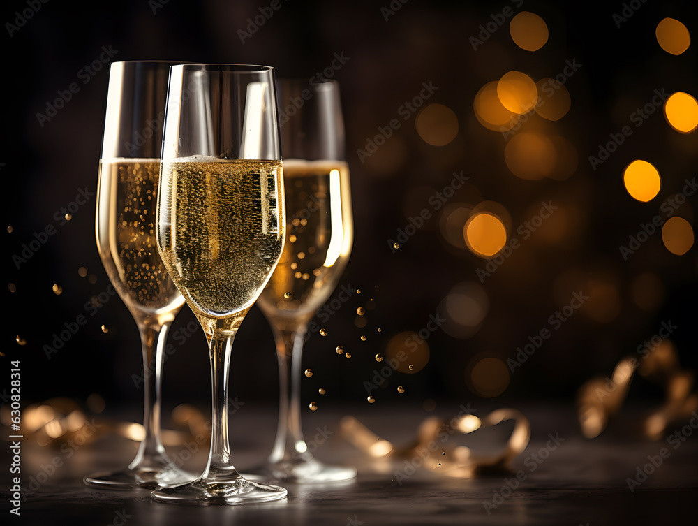 A glass of champagne with a splash, isolated on a glowing black background A glass of champagne with a splash, isolated on a glowing black background