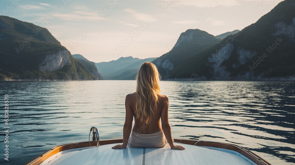 View from behind woman relaxing on a luxury boat