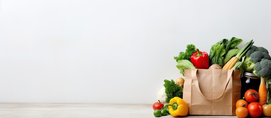 background of healthy food delivery. It features a paper bag filled with vegan and vegetarian food, including fruits and vegetables. has a white background with copy space, making it suitable for