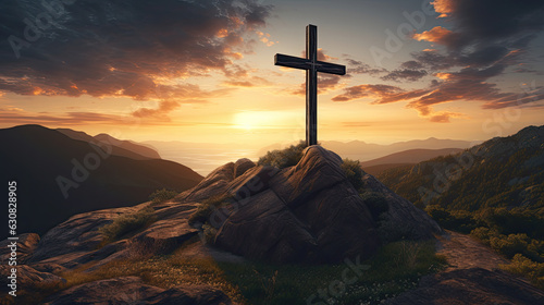 Crucifixion and Resurrection of Jesus at sunrise on the cliffs and mountains