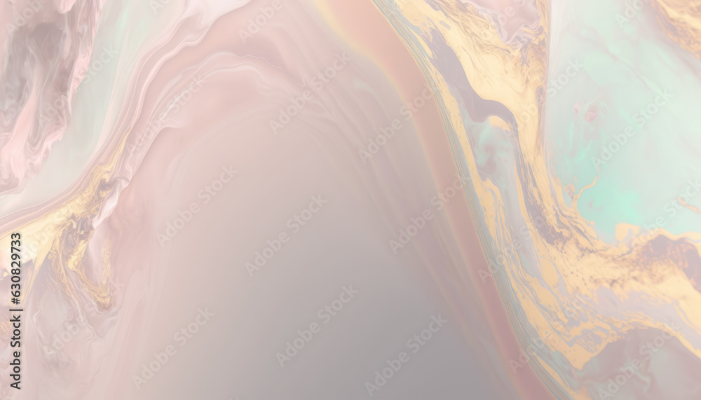 Abstract modern background in pastel color. Powder color and light blue and rose color waves with gold veins, fluid acrylic art, splash beige, pink and gold color