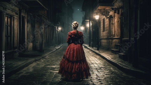 A woman ghostly figure, red spots on her victorian dress, looming the dark night in the street, ghost, frightening atmosphere, urbain city, full figure, dark night, dark alley