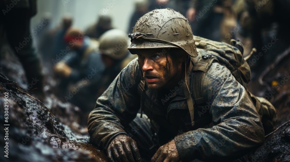 Group of soldiers covering in muddy trench during war. Selective focus. Military operation. In between attacks. Army concept. Illustration for banner, poster, cover, brochure or presentation.