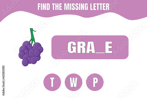 Find the missing letter. Grape vector. Educational game for kids. Worksheet design.