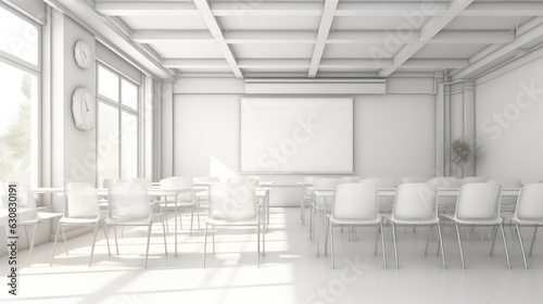 Modern Office Seminar Room With Projection Equipment  Whiteboards And Chairs.