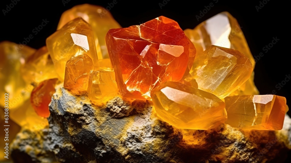 Yellow crystal in cetrine druse. The concept of geology or mineralogy. Illustration for banner, poster, cover, brochure or presentation. Yellow crystal in cetrine druse. The concept of geology or mineralogy. Illustration for banner, poster, cover, brochure or presentation.